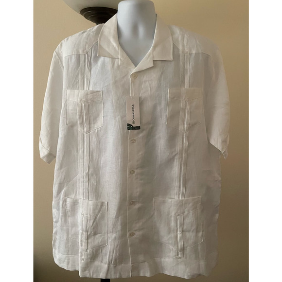 Nwt CUBAVERA Mens 2XL Short Sleeve 4 Pocket 100% Linen White Guayavera Shirt - Picture 1 of 12